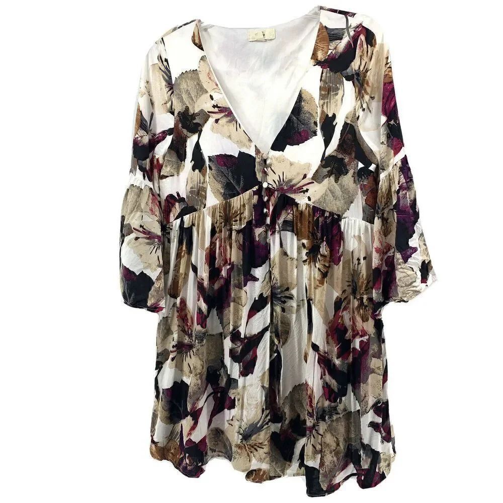 Entro 3/4 Sleeve Floral V Neck Baby Doll Tunic S